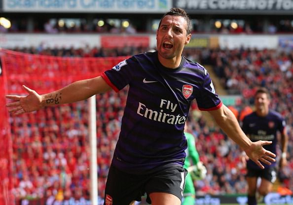 Santi Cazorla of Arsenal celebrates after scoring the second goal during the Barclays Premier League match between Liverpool and Arsenal at Anfield on September 2, 2012 in Liverpool, England. (Photo by Alex Livesey/Getty Images)